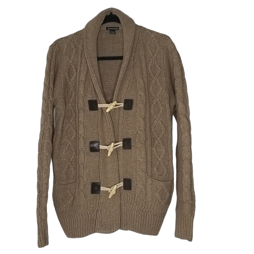 Grandad Chunky Cable Knit Toggle Sweater L